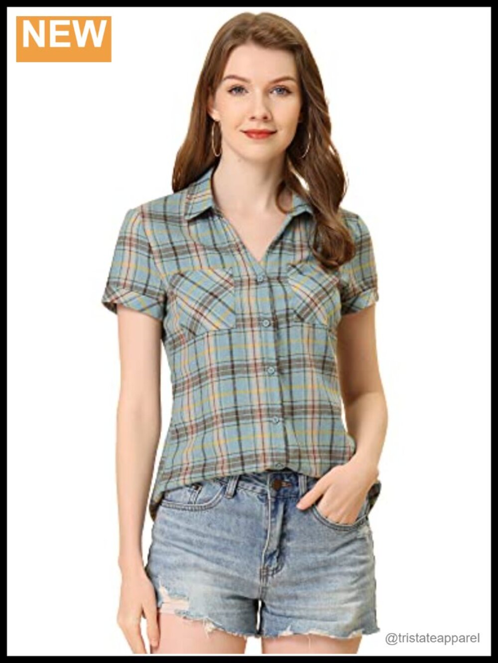 Women's Plaid Cotton Short Sleeve Button Down Western Shirt